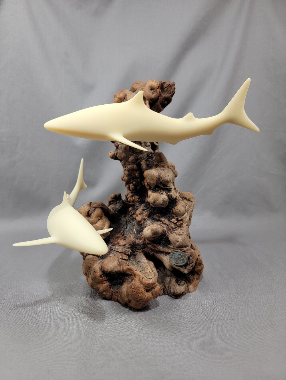 Vtg John Perry Burl Wood Shark Duo Sculpture Nautical Beach Decor